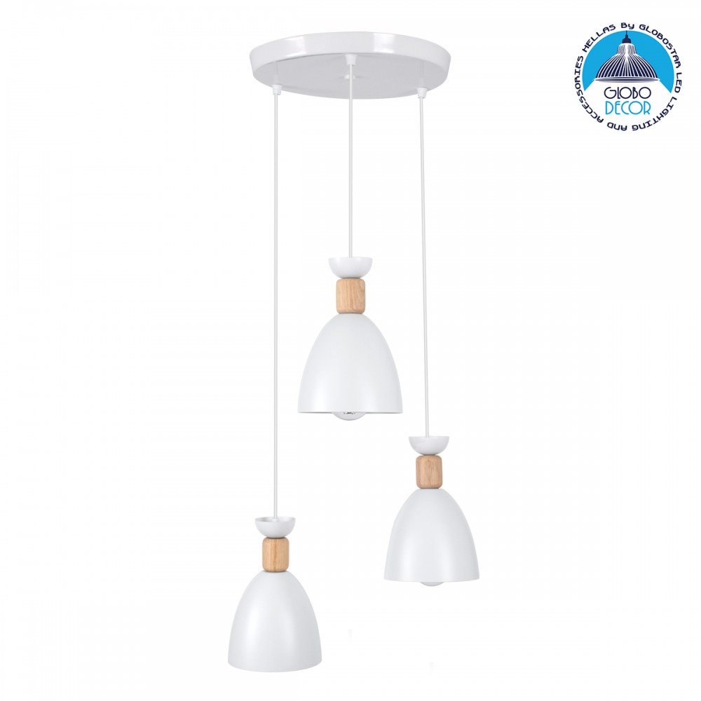 GloboStar® AVA 61573 Μοντέρνο Κρεμαστό Φωτιστικό Καμπάνα Τρίφωτο 3 x E27 IP20 Λευκό Μέταλλο με Μπεζ Ξύλο - Μ35 x Π35 x Υ130cm