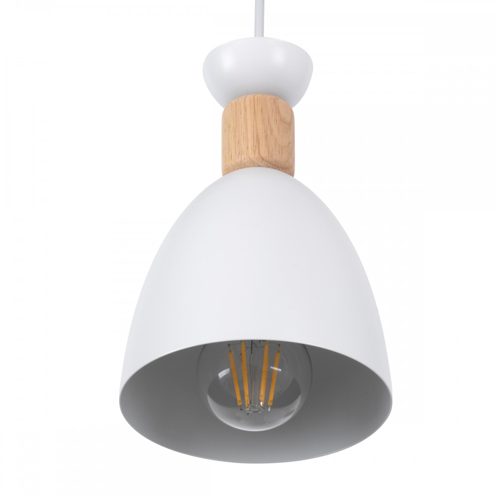 GloboStar® AVA 61573 Μοντέρνο Κρεμαστό Φωτιστικό Οροφής Τρίφωτο 3 x E27 Λευκό Μεταλλικό Καμπάνα με Ξύλινη Λεπτομέρεια Φ35 x Υ130cm