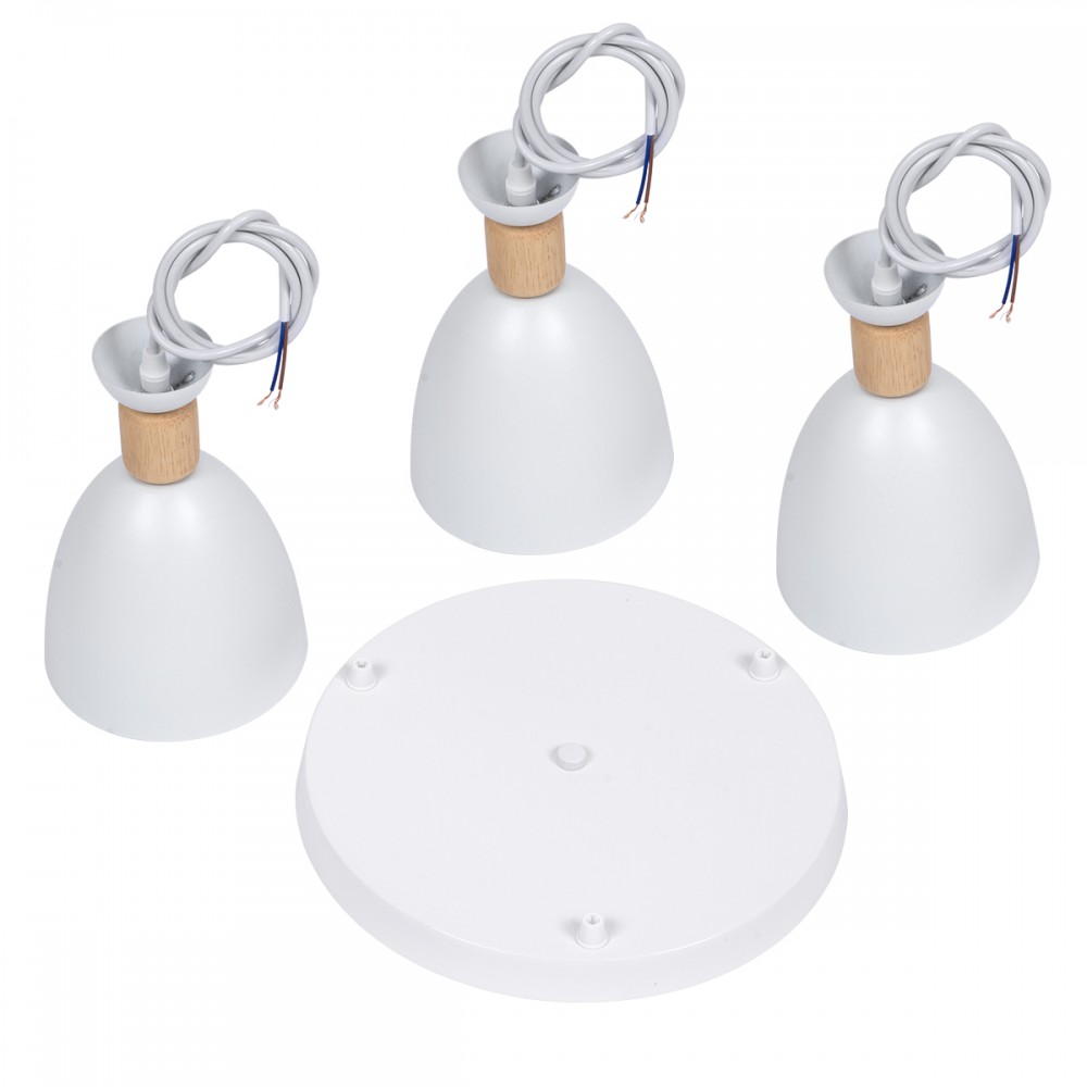 GloboStar® AVA 61573 Μοντέρνο Κρεμαστό Φωτιστικό Οροφής Τρίφωτο 3 x E27 Λευκό Μεταλλικό Καμπάνα με Ξύλινη Λεπτομέρεια Φ35 x Υ130cm