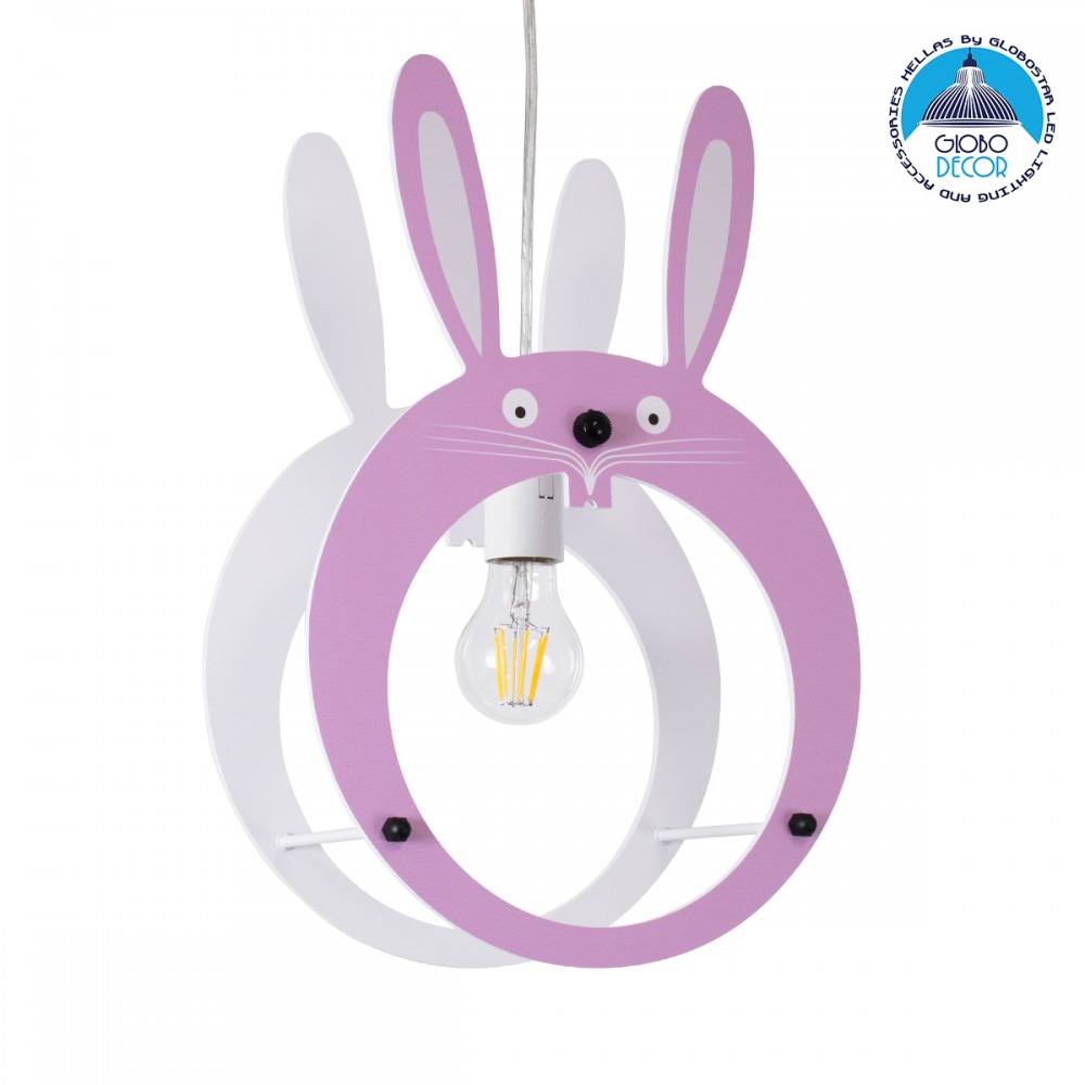 GloboStar® BUNNY 61577 Παιδικό Κρεμαστό Φωτιστικό Φιγούρα Μονόφωτο 1 x E27 IP20 Ροζ & Άσπρο Πλαστικό - Μ27.2 x Π15.5 x Υ40cm