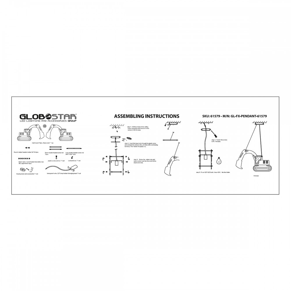GloboStar® EXCAVATOR 61579 Μοντέρνο Παιδικό Κρεμαστό Φωτιστικό Οροφής Μονόφωτο 1 x E27 Κίτρινο PVC Φιγούρα Εκσκαφέας-Φαγάνα Μ45 x Π15.5 x Υ27cm
