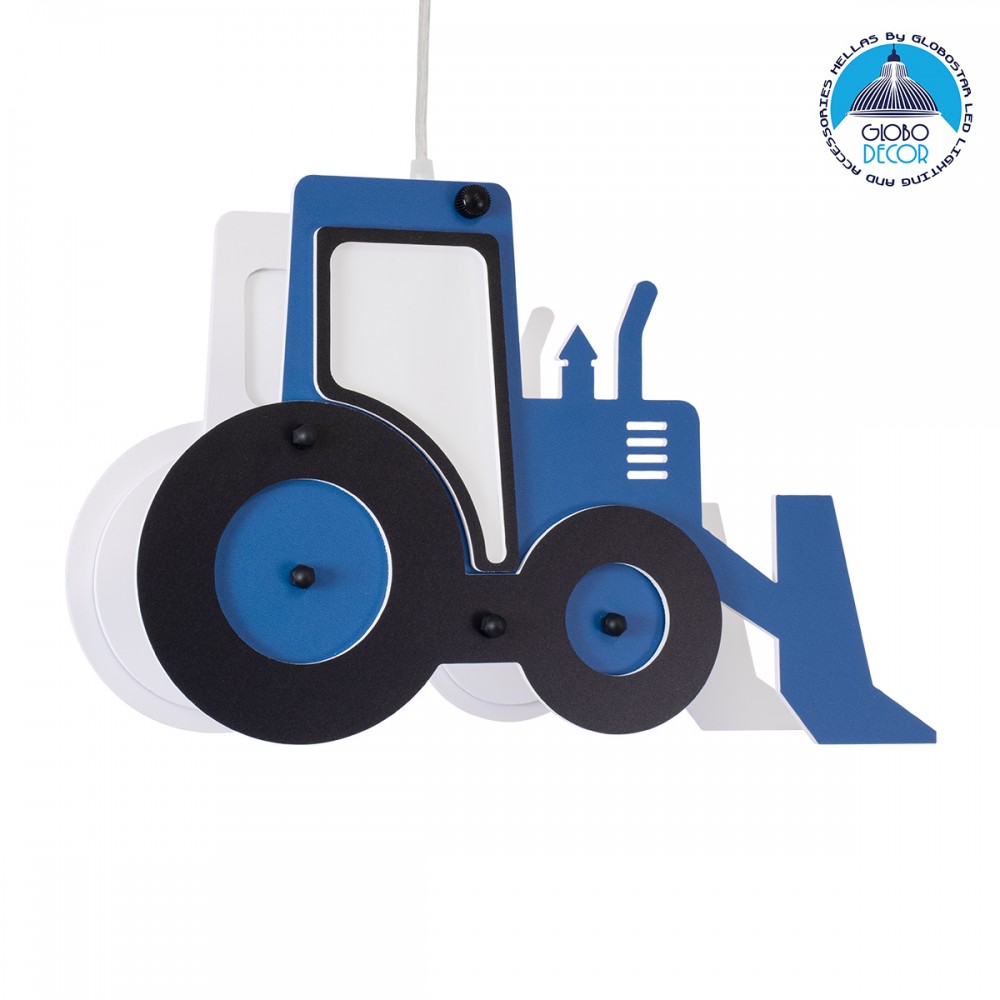 GloboStar® TRACTOR 61580 Παιδικό Κρεμαστό Φωτιστικό Φιγούρα Μονόφωτο 1 x E27 IP20 Μπλε, Μαύρο & Λευκό Πλαστικό - Μ40 x Π15.5 x Υ26.5cm