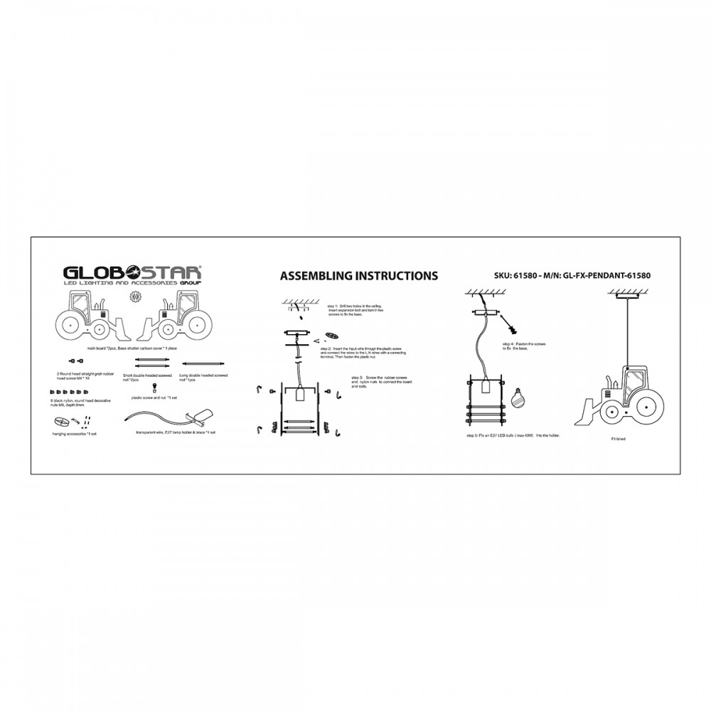 GloboStar® TRACTOR 61580 Μοντέρνο Παιδικό Κρεμαστό Φωτιστικό Οροφής Μονόφωτο 1 x E27 Μπλε PVC Φιγούρα Τρακτέρ-Φαγάνα Μ40 x Π15.5 x Υ26.5cm