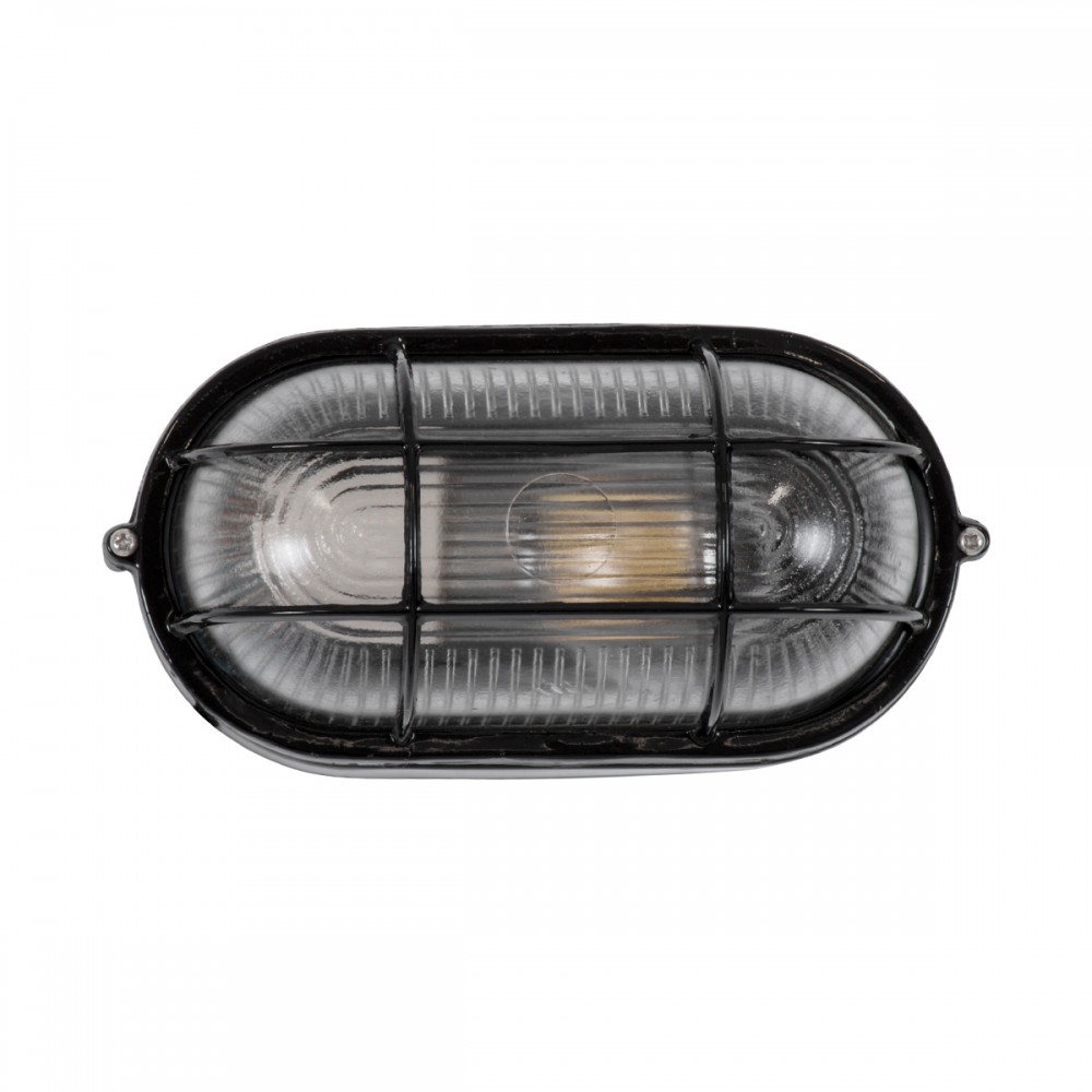 GloboStar® BOATLIGHT 61583 Vintage Industrial Φωτιστικό Τοίχου - Απλίκα - Καραβοχελώνα Εξωτερικού Χώρου Μονόφωτο 1 x E27 AC220-240V Αδιάβροχο IP65 - Σώμα Αλουμινίου & Tempered Glass - Μ21 x Π10.4 x Υ9cm - Μαύρο - Οβάλ - 5 Years Warranty