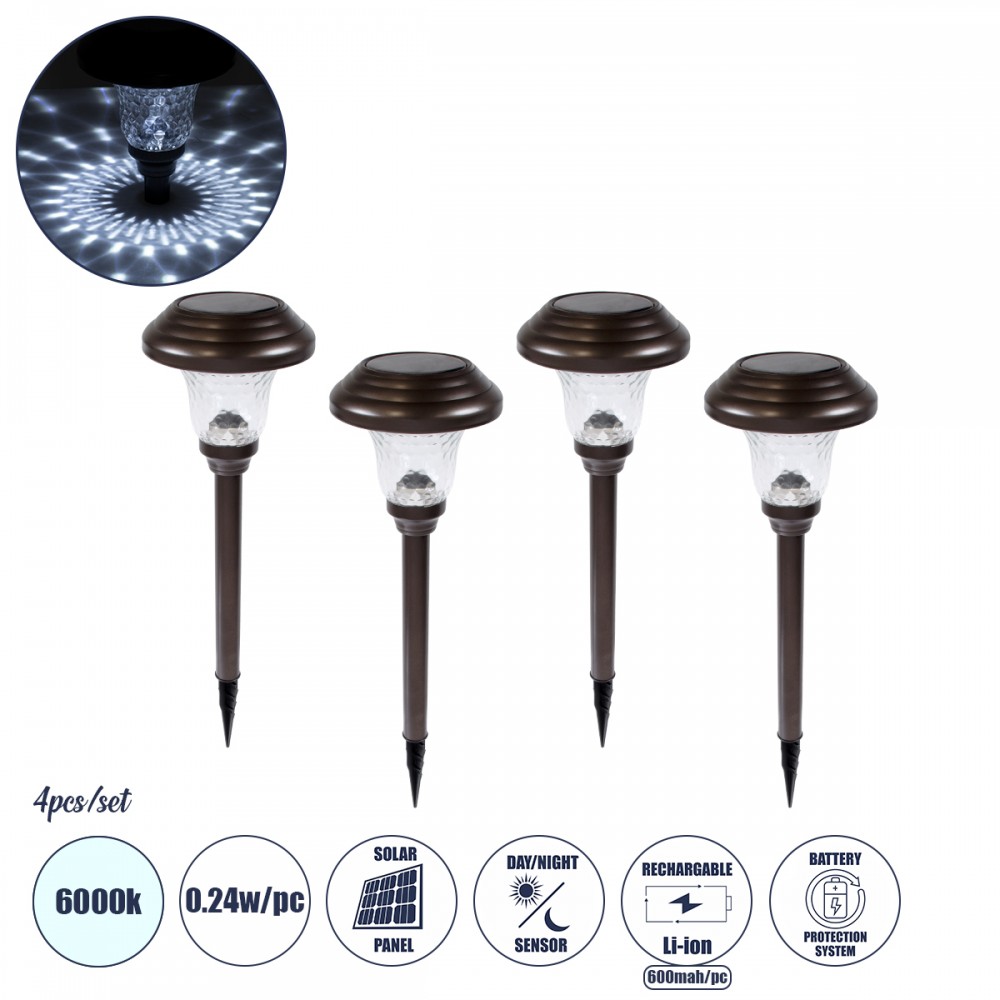 GloboStar® 69927 ΣΕΤ 4 Τεμαχίων Αυτόνομα Ηλιακά Φωτιστικά LED SMD 0.24W/Τεμ. 24lm/Τεμ. με Ενσωματωμένη Μπαταρία 600mAh - Φωτοβολταϊκό Πάνελ με Αισθητήρα Ημέρας-Νύχτας Αδιάβροχο IP65 Φανάρι Κήπου Στρογγυλό Ψυχρό Λευκό 6000K Φ12 x Υ23cm