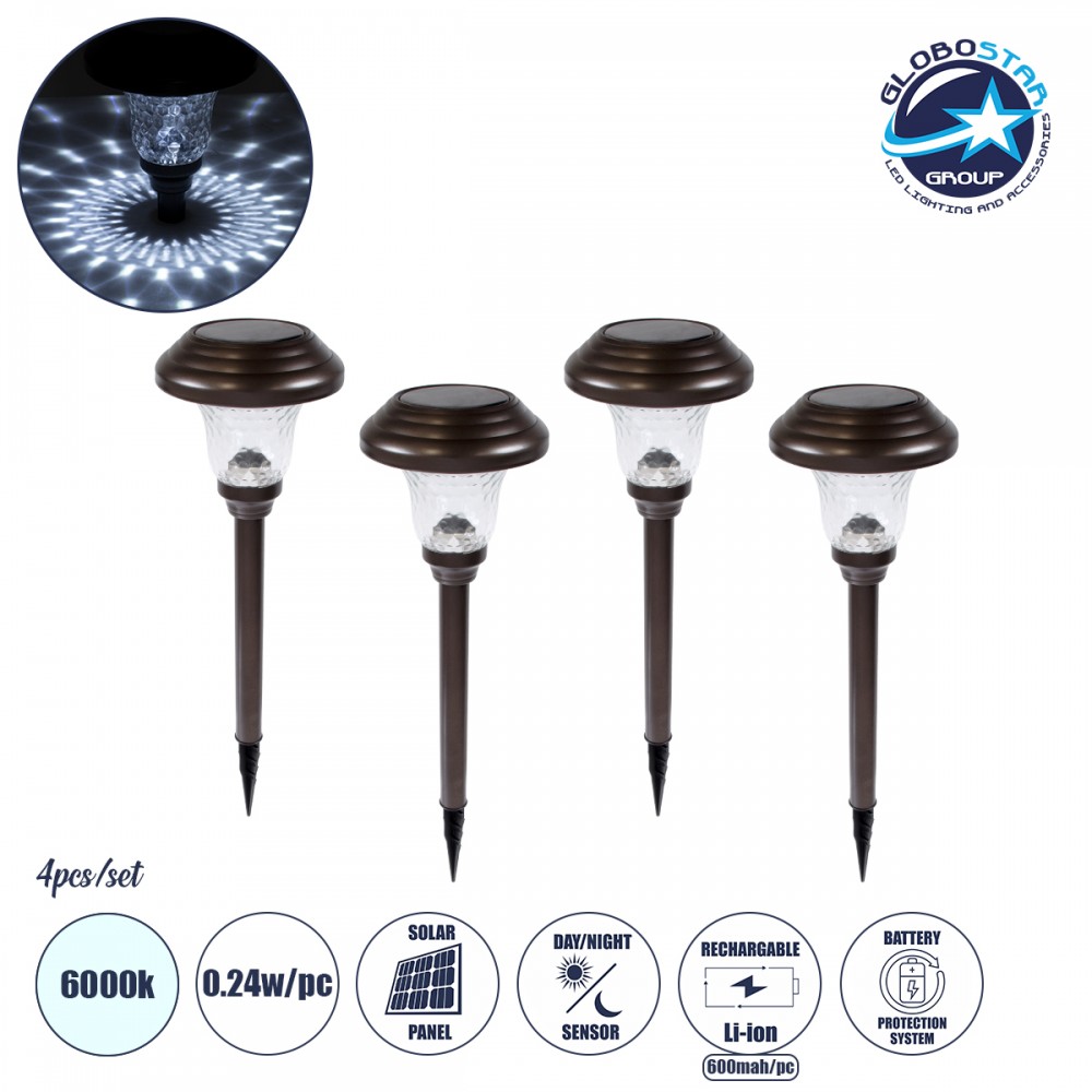 GloboStar® 69927 ΣΕΤ 4 Τεμαχίων Αυτόνομα Ηλιακά Φωτιστικά LED SMD 0.24W/Τεμ. 24lm/Τεμ. με Ενσωματωμένη Μπαταρία 600mAh - Φωτοβολταϊκό Πάνελ με Αισθητήρα Ημέρας-Νύχτας Αδιάβροχο IP65 Φανάρι Κήπου Στρογγυλό Ψυχρό Λευκό 6000K Φ12 x Υ23cm