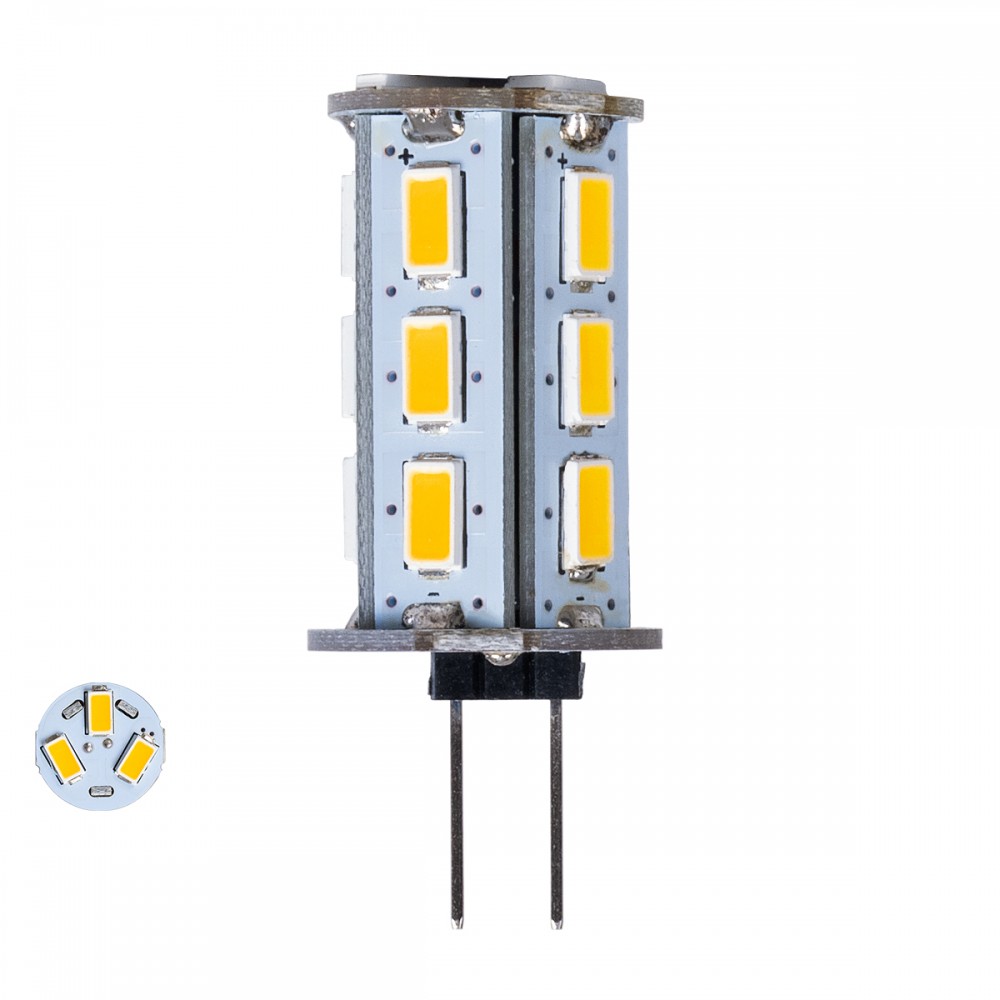GLOBOSTAR® G4BACK 76134 Λάμπα G4 LED 5W 450lm 320° DC 12-24V IP20 Θερμό Λευκό 2700K Dimmable - Sanan SMD Chip - Back Pin - Μ1.8 x Π1.8 x Υ4.3cm - 2 Χρόνια Εγγύηση