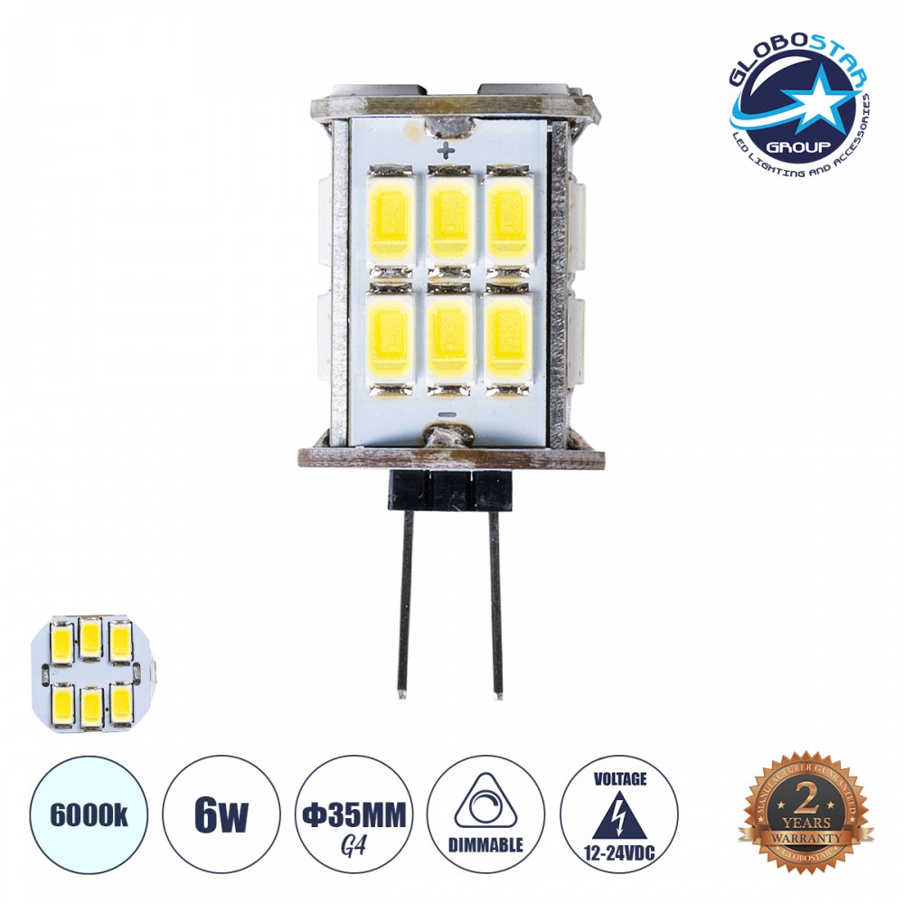 GloboStar® 76135 Λάμπα LED G4 SMD 5630 6W 720lm 320° DC 12-24V IP20 Φ1.9 x Υ3.7cm Ψυχρό Λευκό 6000K Dimmable - 2 Χρόνια Εγγύηση