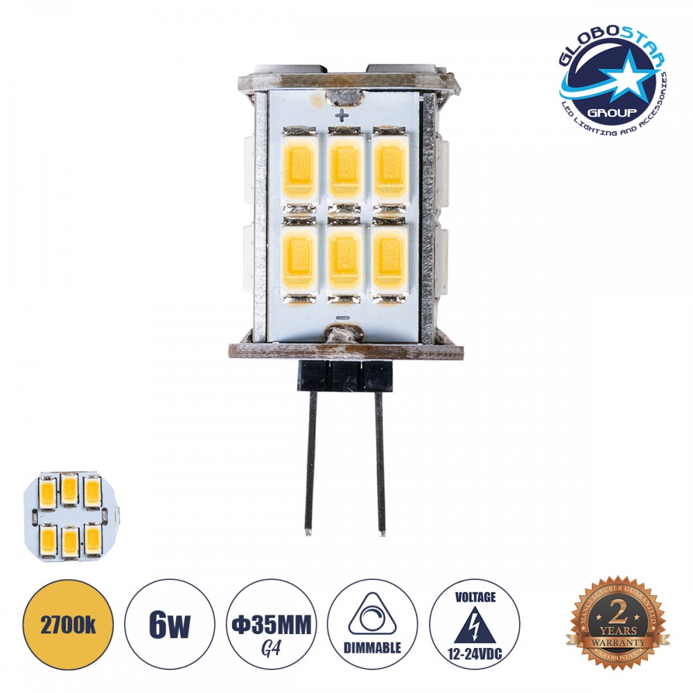 GLOBOSTAR® G4BACK 76136 Λάμπα G4 LED 6W 600lm 320° DC 12-24V IP20 Θερμό Λευκό 2700K Dimmable - Sanan SMD Chip - Back Pin - Μ1.9 x Π1.9 x Υ3.7cm - 2 Χρόνια Εγγύηση