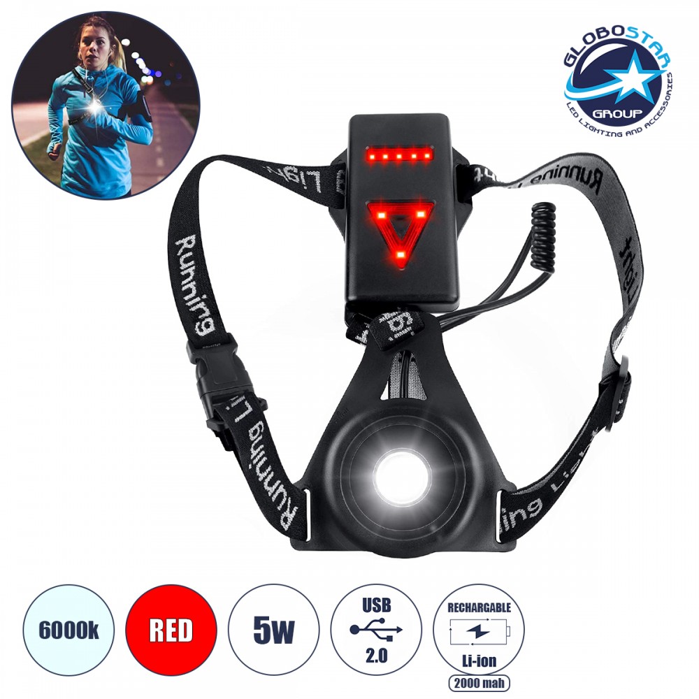 GloboStar® 79072 Φορητός Φακός Ασφαλείας Στήθους & Πλάτης για Ποδηλάτες & Runners με Φωτεινή Σήμανση LED XRE Q5 5W 600lm 200° - Ενσωματωμένη Μπαταρία 2000mAh DC 5V Επαναφορτιζόμενος με Καλώδιο Τροφοδοσίας USB 2.0 3 Modes Αδιάβροχος IP66 Ψυχρό Λευκ