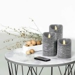 GloboStar® 79559 ΣΕΤ 3 Διακοσμητικών Realistic Κεριών Παραφίνης με LED Εφέ Κινούμενης Φλόγας - Μπαταρίας & Ασύρματο Χειριστήριο IR Γκρι με Ασημένιες Ρίγες Θερμό Λευκό 3000K Dimmable