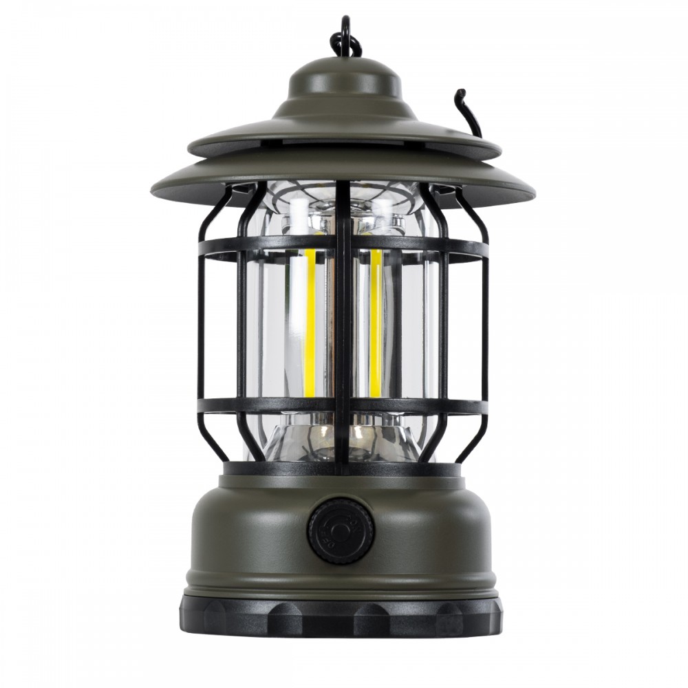 GloboStar® 85693 Αυτόνομο Επαναφορτιζόμενο Φανάρι Camping LED 5W USB 2.0 με Επαναφορτιζόμενη Μπαταρία 1 x 18650 2000mAh Li-ion - IP20 - Dimmable - Πράσινο Χακί με Διάφανο Γυαλί - Θερμό Λευκό 3000K Φ12 x Υ17cm