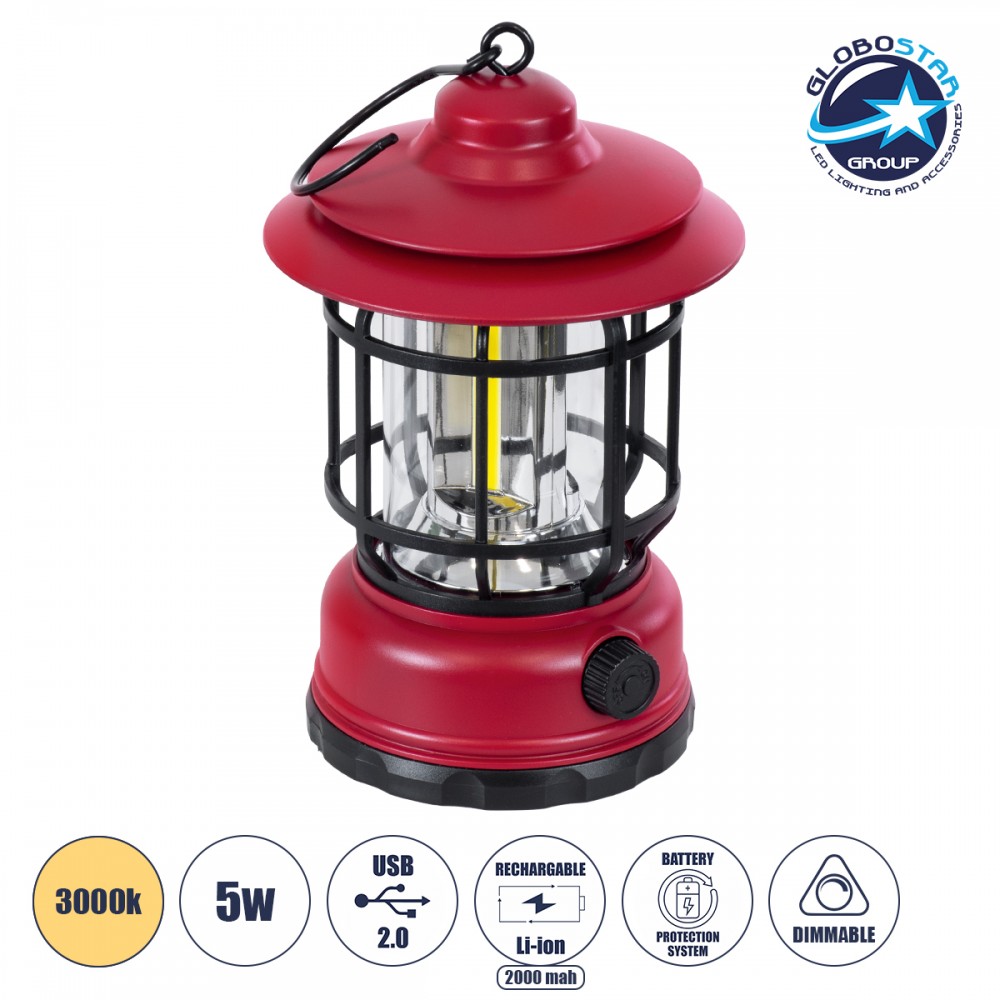 GloboStar® 85694 Αυτόνομο Επαναφορτιζόμενο Φανάρι Camping LED 5W USB 2.0 με Επαναφορτιζόμενη Μπαταρία 1 x 18650 2000mAh Li-ion - IP20 - Dimmable - Κόκκινο με Διάφανο Γυαλί - Θερμό Λευκό 3000K Φ12 x Υ17cm