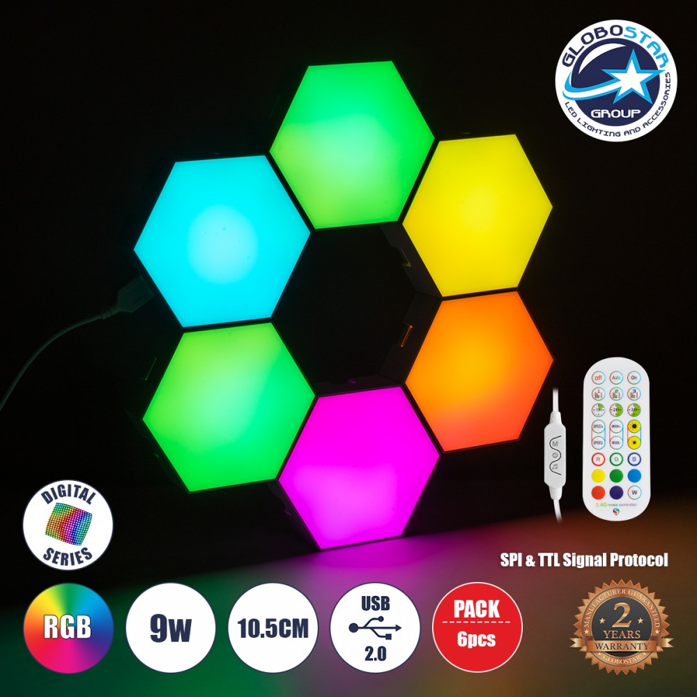 GloboStar® DIGIOCTA 90448 Σετ 6 Ψηφιακων LED RGB Φωτιστικών Κυψελών με Ψηφιακό Controller με WiFi Smart APP & Ασύρματο Χειριστήριο RF 2.4Ghz - LED SMD 5050 9W/Σετ 84PIXEL/Σετ 720lm/Σετ 120° DC 5V με USB 2.0 IP20 Πολύχρωμο RGB - Dimmable - Μ10.5 x Π10.