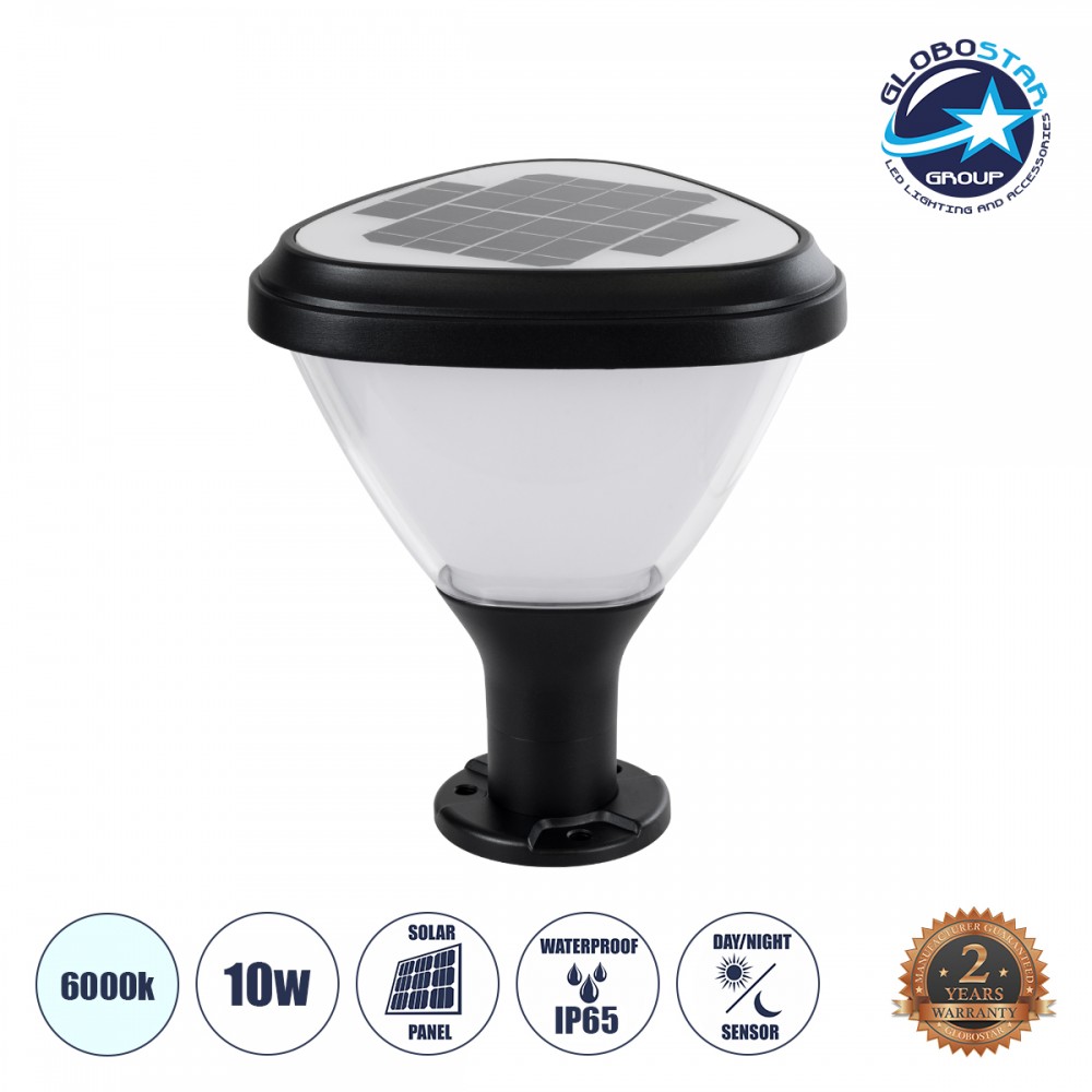 GLOBOSTAR® NATURE 90532 Φωτιστικό Κολωνάκι Κήπου LED 10W 500lm 120° με Ενσωματωμένο Φωτοβολταϊκό Panel 6V 2W & Επαναφορτιζόμενη Μπαταρία Li-ion 3.2V 8000mAh με Αισθητήρα Ημέρας-Νύχτας Αδιάβροχο IP65 Ψυχρό Λευκό 6000K - Γκρι Ανθρακί - Μ26 x Π26 x Υ30cm