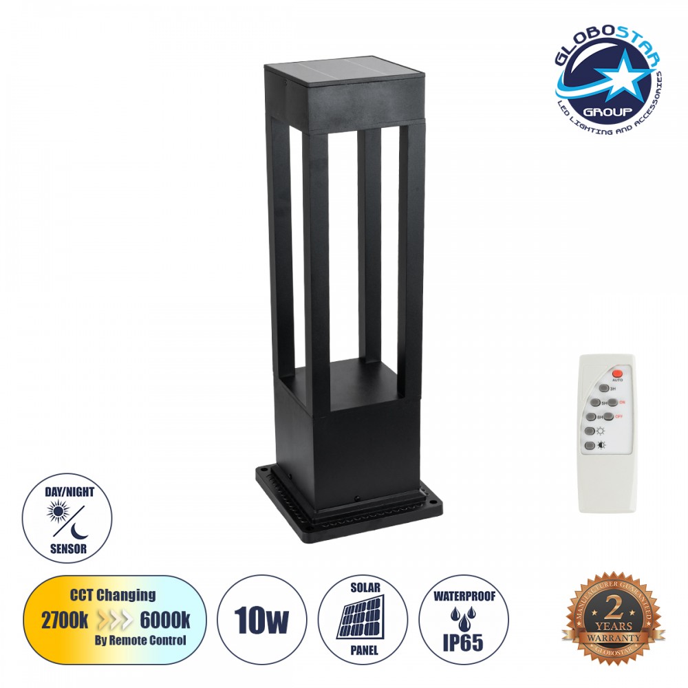 GLOBOSTAR® HONEYBEE 90537 Φωτιστικό Κολωνάκι Κήπου LED 10W 500lm 120° με Ενσωματωμένο Φωτοβολταϊκό Panel 6V 2W & Επαναφορτιζόμενη Μπαταρία Li-ion 3.2V 4000mAh με Αισθητήρα Ημέρας-Νύχτας Αδιάβροχο IP65 Ψυχρό Λευκό 6000K - Γκρι Ανθρακί - Μ20 x Π20 x Υ60