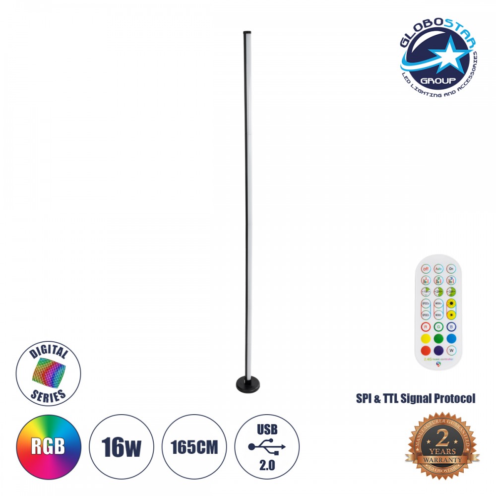 GLOBOSTAR® DIGICOLUMN 90764 Μοντέρνο Επιδαπέδιο Γραμμικό Ψηφιακό Φωτιστικό Digital Pixel Symphony Bar με RF Ασύρματο Χειριστήριο LED 16W 1280lm 180° DC 5V με USB 2.0 IP20 Πολύχρωμο RGB Dimmable - Μαύρο - Φ3 x Υ165cm - 2 Χρόνια Εγγύηση
