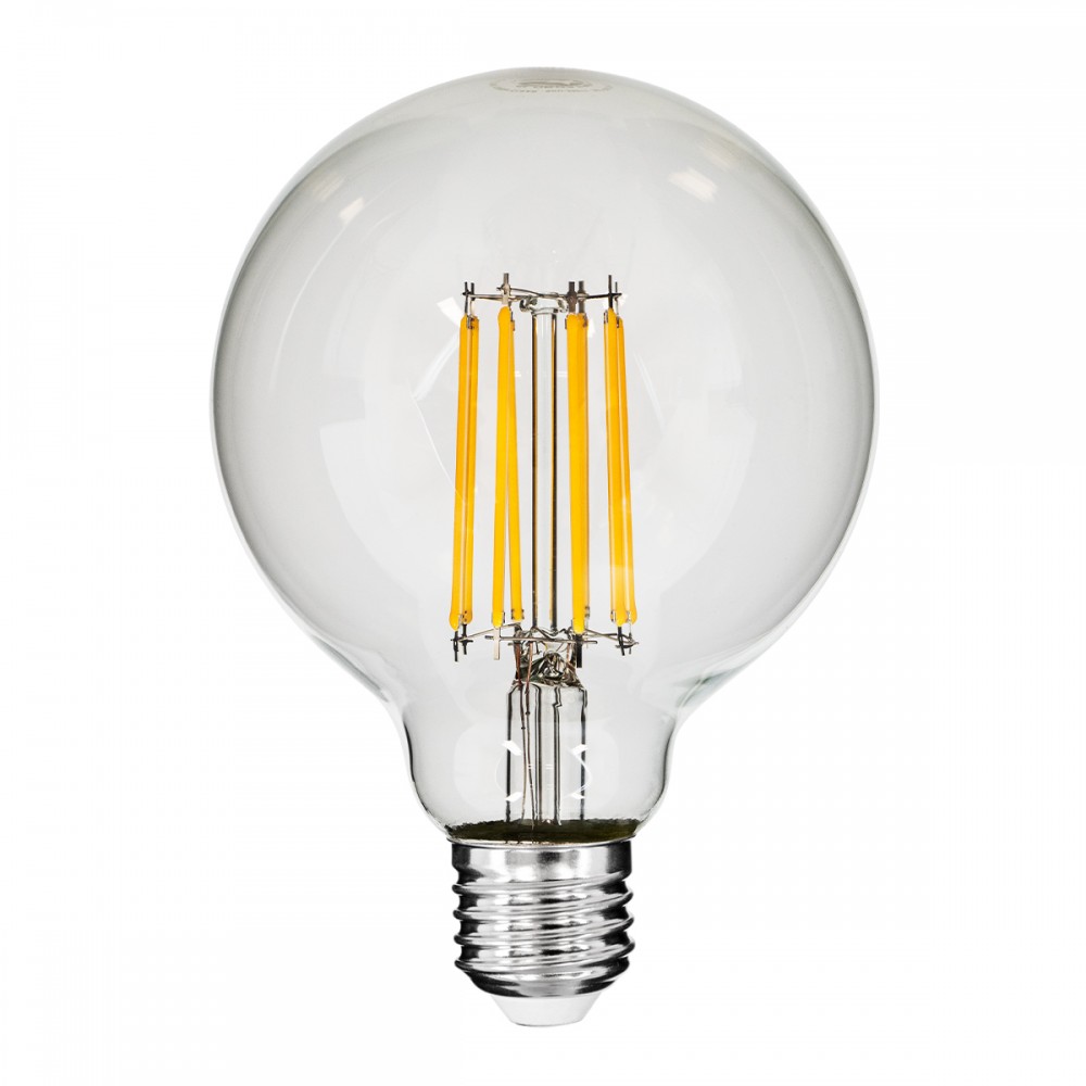 GloboStar® 99011 Λάμπα LED Long Filament E27 G95 Γλόμπος 12W 1200lm 360° AC 220-240V IP20 Φ9.5 x Υ13.5cm Θερμό Λευκό 2700K με Διάφανο Γυαλί - Dimmable - 3 Years Warranty