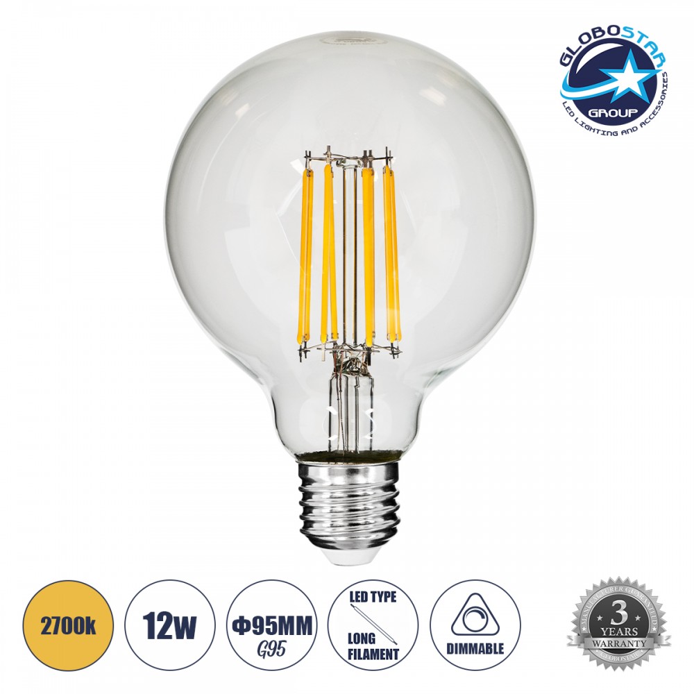 GloboStar® 99011 Λάμπα LED Long Filament E27 G95 Γλόμπος 12W 1200lm 360° AC 220-240V IP20 Φ9.5 x Υ13.5cm Θερμό Λευκό 2700K με Διάφανο Γυαλί - Dimmable - 3 Years Warranty