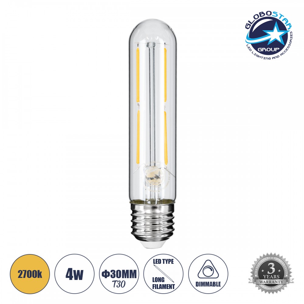 GloboStar® 99019 Λάμπα LED Long Filament E27 T30 Σωλήνας 4W 400lm 360° AC 220-240V IP20 Φ3 x Υ13.5cm Θερμό Λευκό 2700K με Διάφανο Γυαλί - Dimmable - 3 Years Warranty