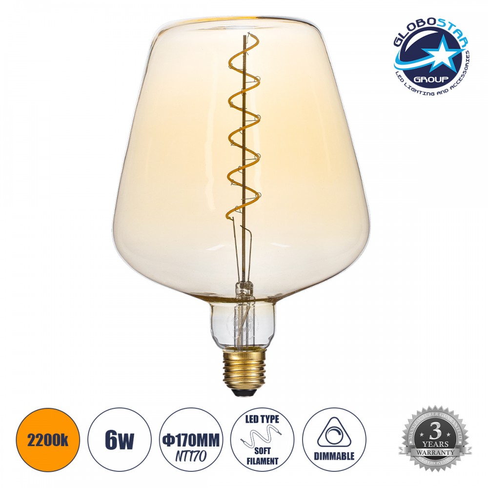 GLOBOSTAR® BRANDY 99025 Λάμπα E27 NT170 LED 6W 420lm 360° AC 220-240V IP20 Ultra Θερμό Λευκό 2200K Dimmable - Soft S Spiral Filament Chip - Μελί - Μ17 x Π17 x Υ23cm - 3 Χρόνια Εγγύηση