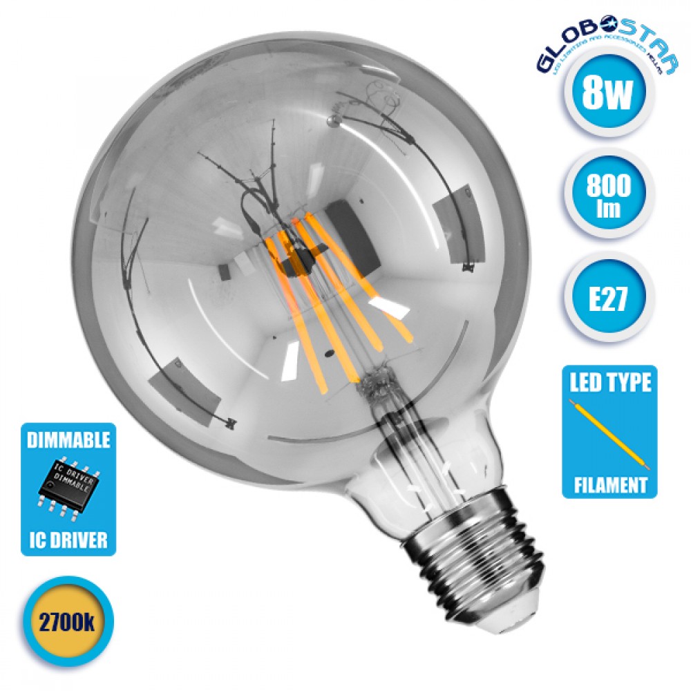 GloboStar® 99073 Λάμπα E27 G125 Γλόμπος LED LONG FILAMENT 8W 800 lm 320° AC 85-265V Edison Retro με Φιμέ Γυαλί Θερμό Λευκό 2700 K Dimmable