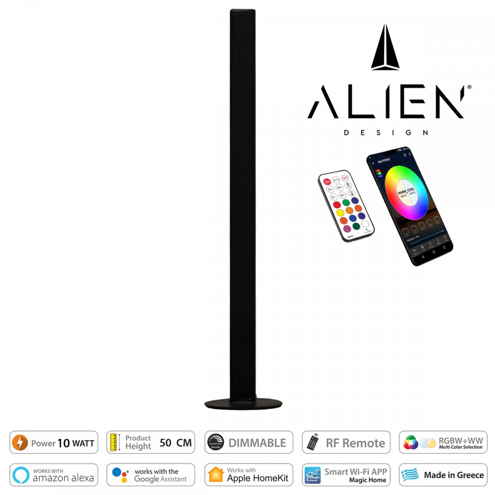 GloboStar® ALIEN-DIVA-BLACK-50-12 ALIEN Design DIVA Μοντέρνο Minimal Nordic Μεταλλικό Φωτιστικό Επιτραπέζιο - Πορτατίφ - Λαμπατέρ Μαύρο LED 10W 1500lm με Ασύρματο Χειριστήριο RF & Dimmer IP20 Πολύχρωμο RGBW + WW Smart Home Wi-Fi Μ3 x Π1.6 x Υ50cm