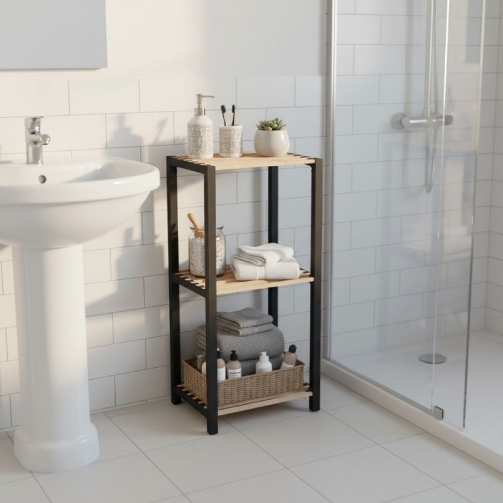 Ραφιέρα δαπέδου - Κομοδίνο ξύλινο - πλαστικό χρώμα φυσικό - μαύρο 37x29x79εκ.