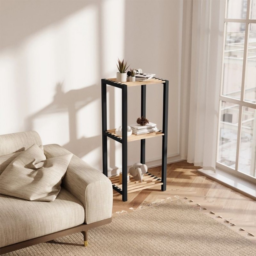 Ραφιέρα δαπέδου - Κομοδίνο ξύλινο - πλαστικό χρώμα φυσικό - μαύρο 37x29x79εκ.