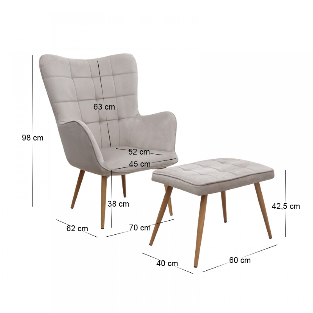 Πολυθρόνα - Μπερζέρα με υποπόδιο Lily Megapap μπεζ βελούδο - μεταλλικό πόδι χρώμα φυσικό 70x62x98εκ.