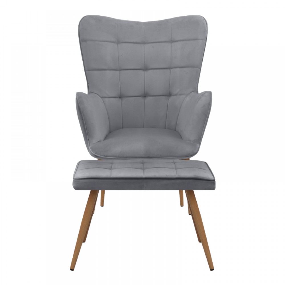 Πολυθρόνα - Μπερζέρα με υποπόδιο Lily Megapap γκρι βελούδο - μεταλλικό πόδι χρώμα φυσικό 70x62x98εκ.