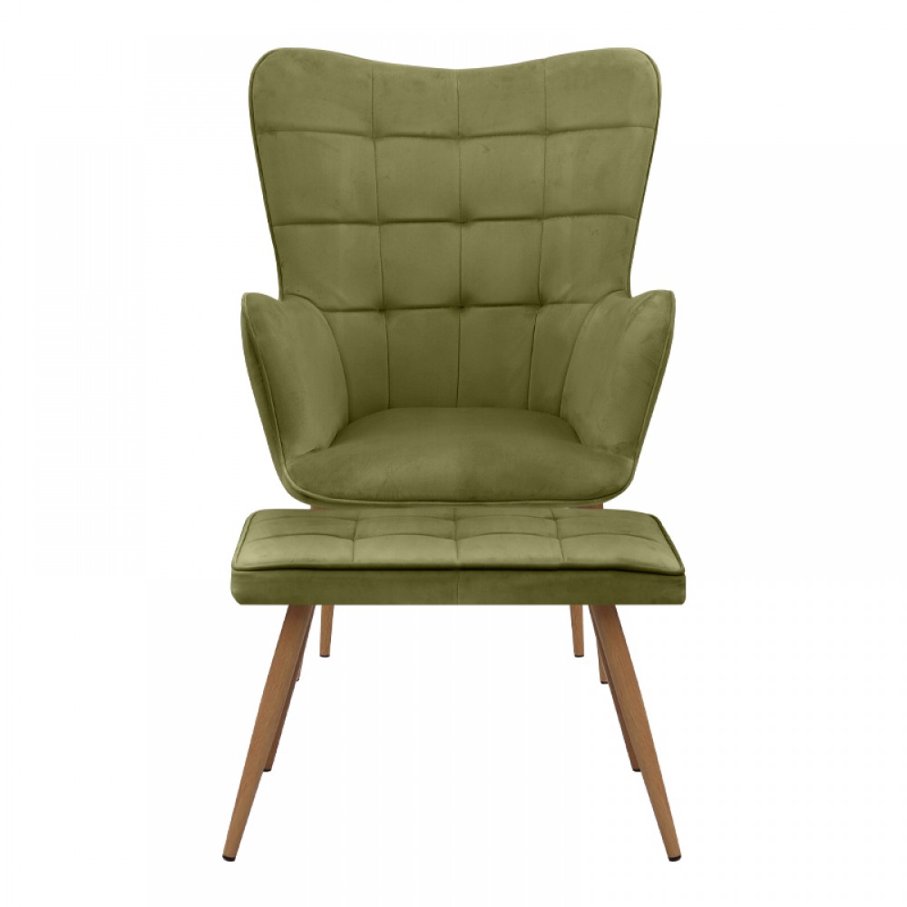 Πολυθρόνα - Μπερζέρα με υποπόδιο Lily Megapap λαδί βελούδο - μεταλλικό πόδι χρώμα φυσικό 70x62x98εκ.