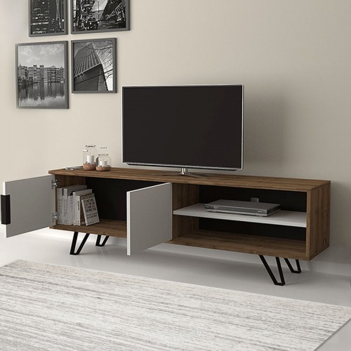 Έπιπλο τηλεόρασης Foot Megapap χρώμα καρυδί - λευκό 160x35x49εκ.