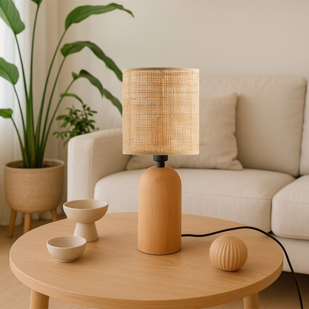 Φωτιστικό επιτραπέζιο Cora Megapap E14 ξύλινο - pe rattan χρώμα φυσικό Ø15x35εκ.