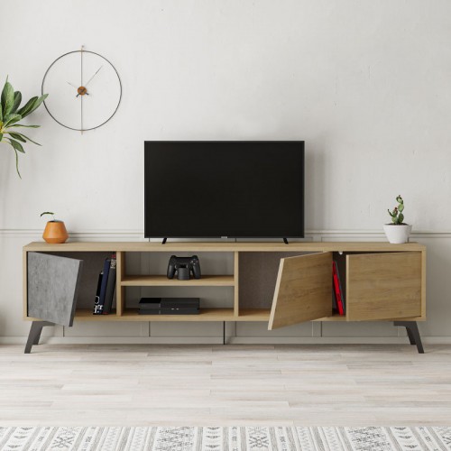 Έπιπλο τηλεόρασης Fiona Megapap χρώμα sapphire oak - γκρι ρετρό 180x35,6x48εκ.