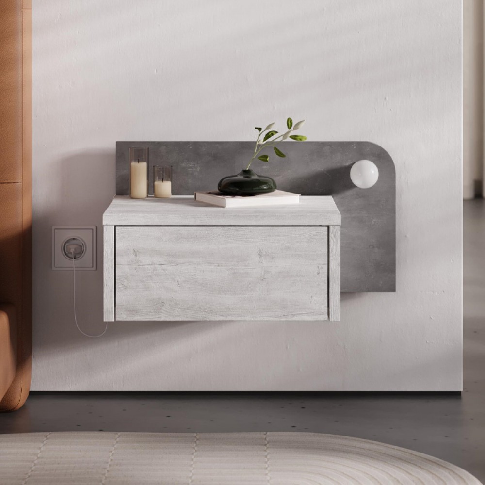 Κομοδίνο επιτοίχιο Dotta Megapap με LED χρώμα λευκό αντικέ - γκρι ρετρό 52x33,6x28εκ.