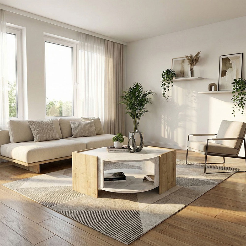 Τραπεζάκι σαλονιού Marbel Megapap χρώμα sapphire oak - λευκό εφέ μαρμάρου 75x75x40εκ.