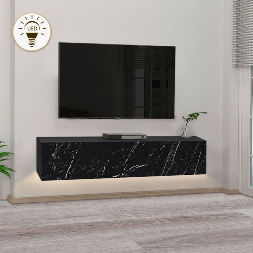 Έπιπλο τηλεόρασης επιτοίχιο Aristo Megapap με LED χρώμα μαύρο - εφέ μαρμάρου 135x31,6x25εκ.