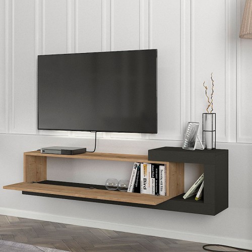 Έπιπλο τηλεόρασης επιτοίχιο Volare Megapap χρώμα sapphire oak - ανθρακί 150x29,6x38,6εκ.