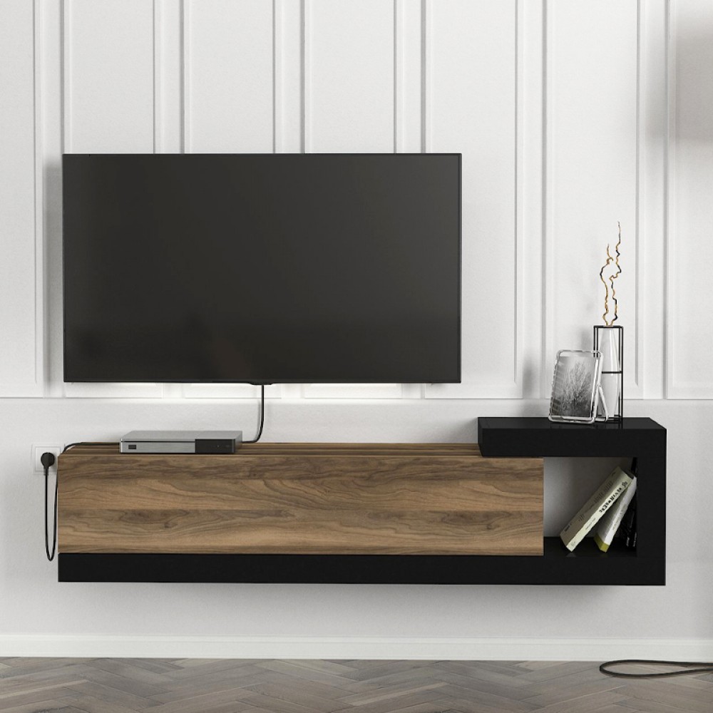 Έπιπλο τηλεόρασης επιτοίχιο Volare Megapap χρώμα καρυδί - μαύρο 150x29,6x38,6εκ.