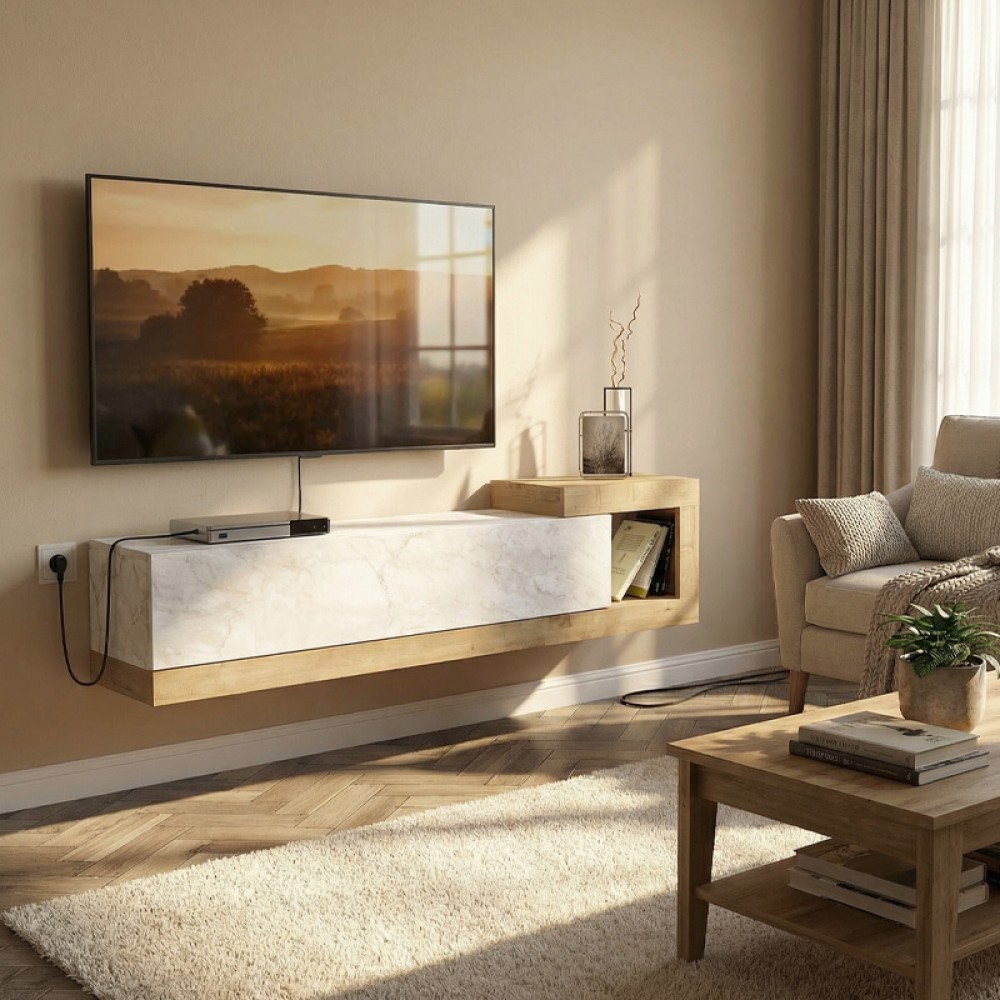 Έπιπλο τηλεόρασης επιτοίχιο Volare Megapap χρώμα λευκό εφέ μαρμάρου - sapphire oak 150x29,6x38,6εκ.