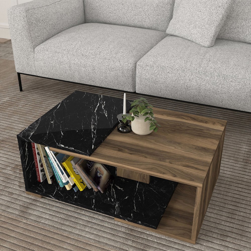 Τραπεζάκι σαλονιού Mareta Megapap χρώμα μαύρο εφέ μαρμάρου - καρυδί 81,8x50x35εκ.