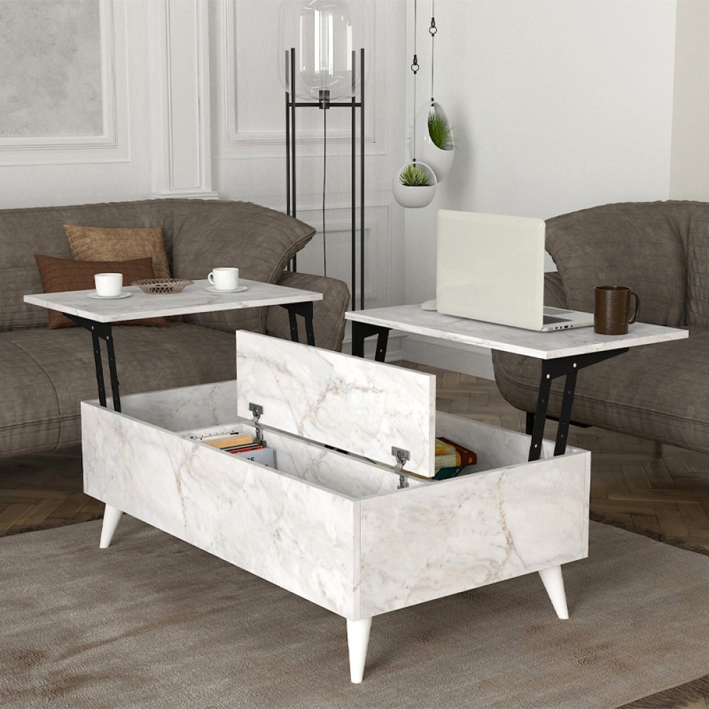 Τραπεζάκι σαλονιού Roy Megapap με σερβιτόρο χρώμα λευκό εφέ μαρμάρου 121x69x40εκ.