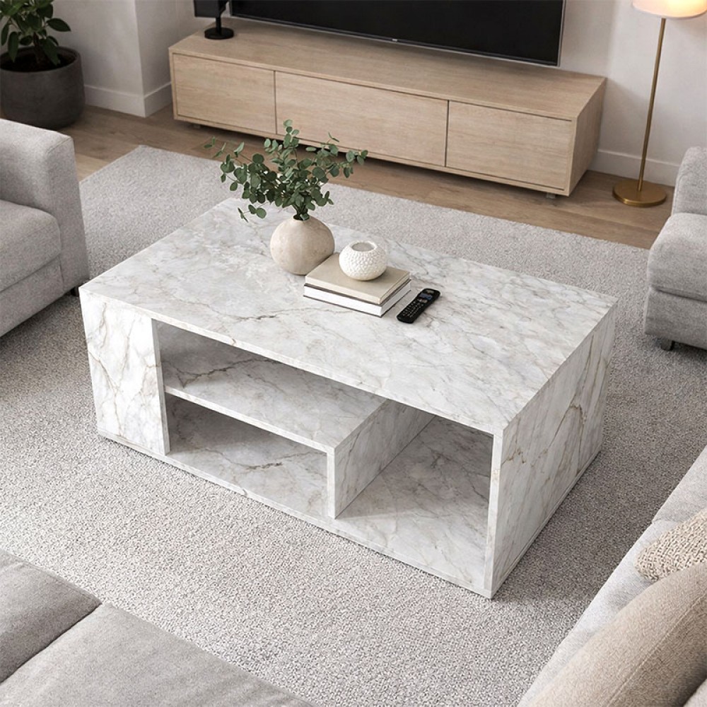 Τραπεζάκι σαλονιού Abdera Megapap χρώμα λευκό εφέ μαρμάρου 110x60x42εκ.