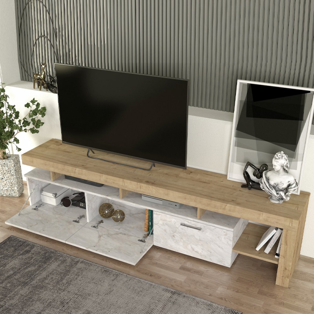 Έπιπλο τηλεόρασης Acnes Megapap χρώμα λευκό εφέ μαρμάρου - sapphire oak 220x40x52εκ.