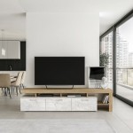 Έπιπλο τηλεόρασης Acnes Megapap χρώμα λευκό εφέ μαρμάρου - sapphire oak 220x40x52εκ.