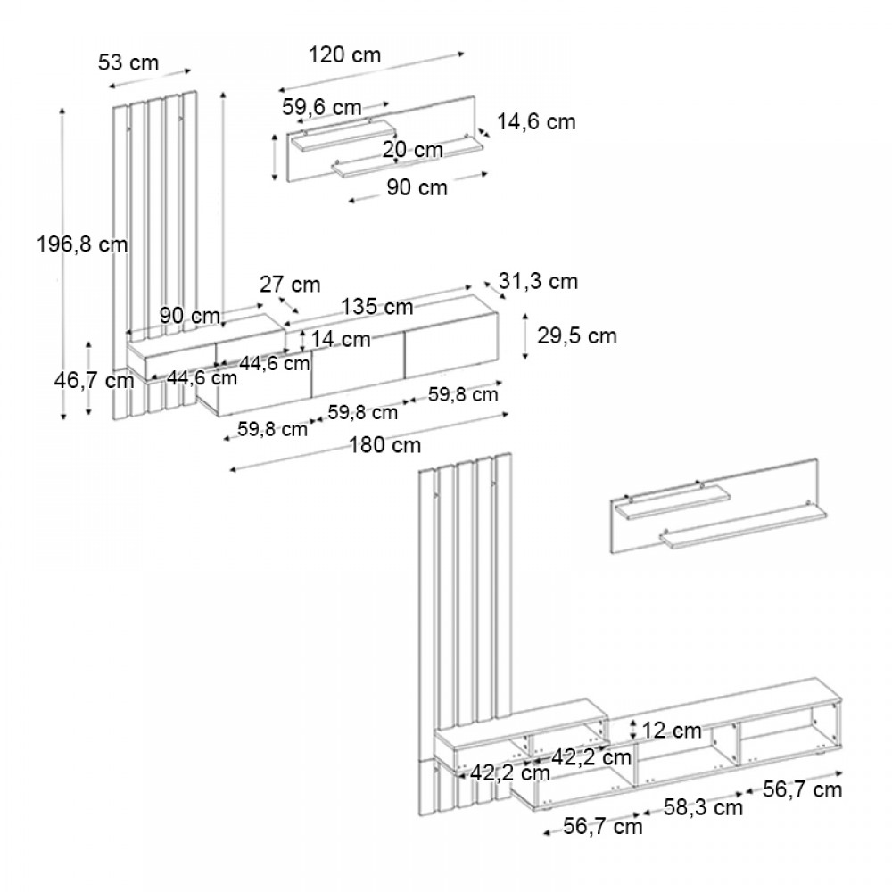 Σύνθεση τηλεόρασης Rosaline Megapap χρώμα ανθρακί - sepet oak 233x31,3x196,8εκ.