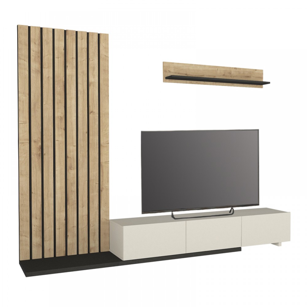Σύνθεση τηλεόρασης Nagini Megapap χρώμα ivory - sapphire oak - ανθρακί 260x39,4x203,6εκ.