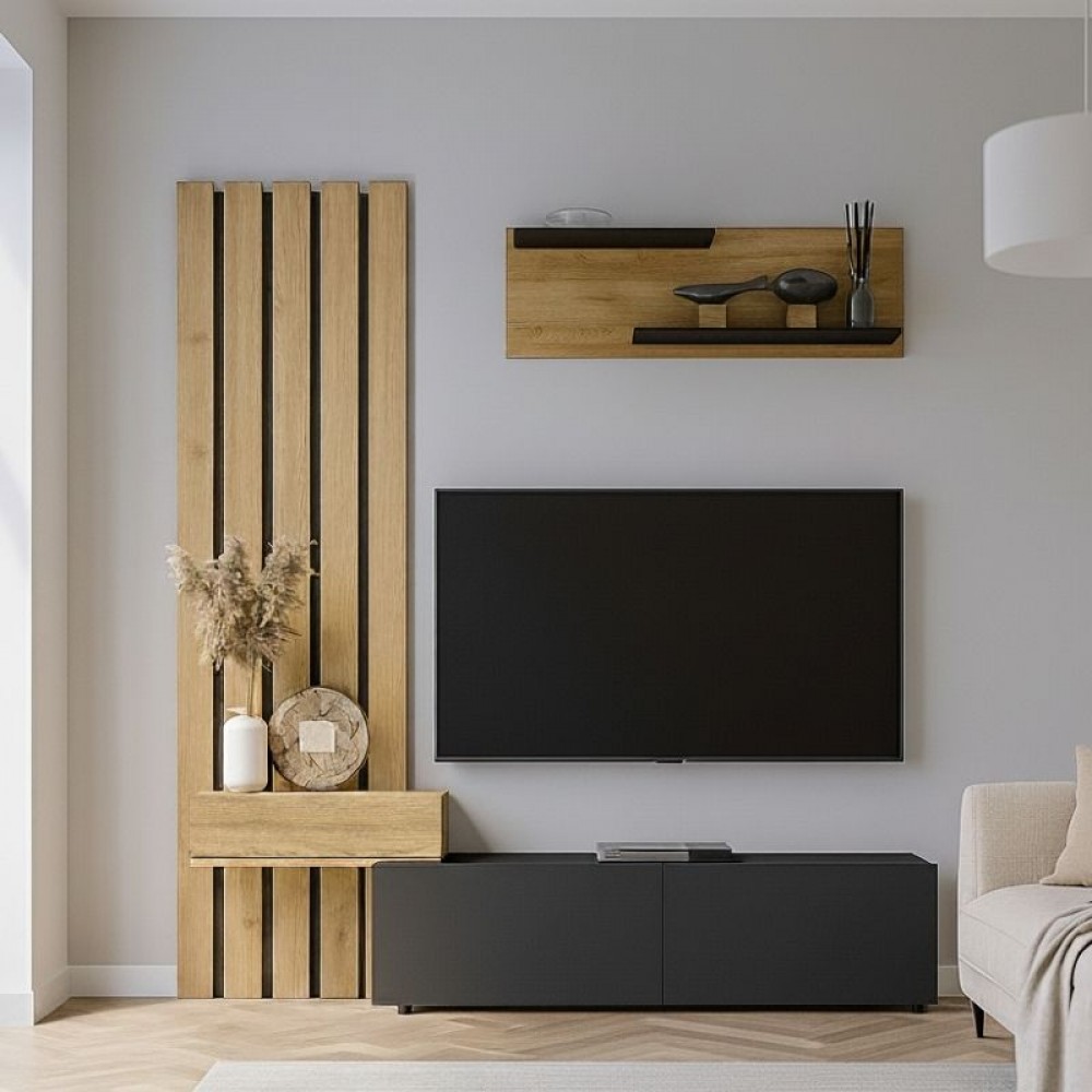 Σύνθεση τηλεόρασης Rosaline Megapap χρώμα ανθρακί - sepet oak 183x31,3x196,9εκ.