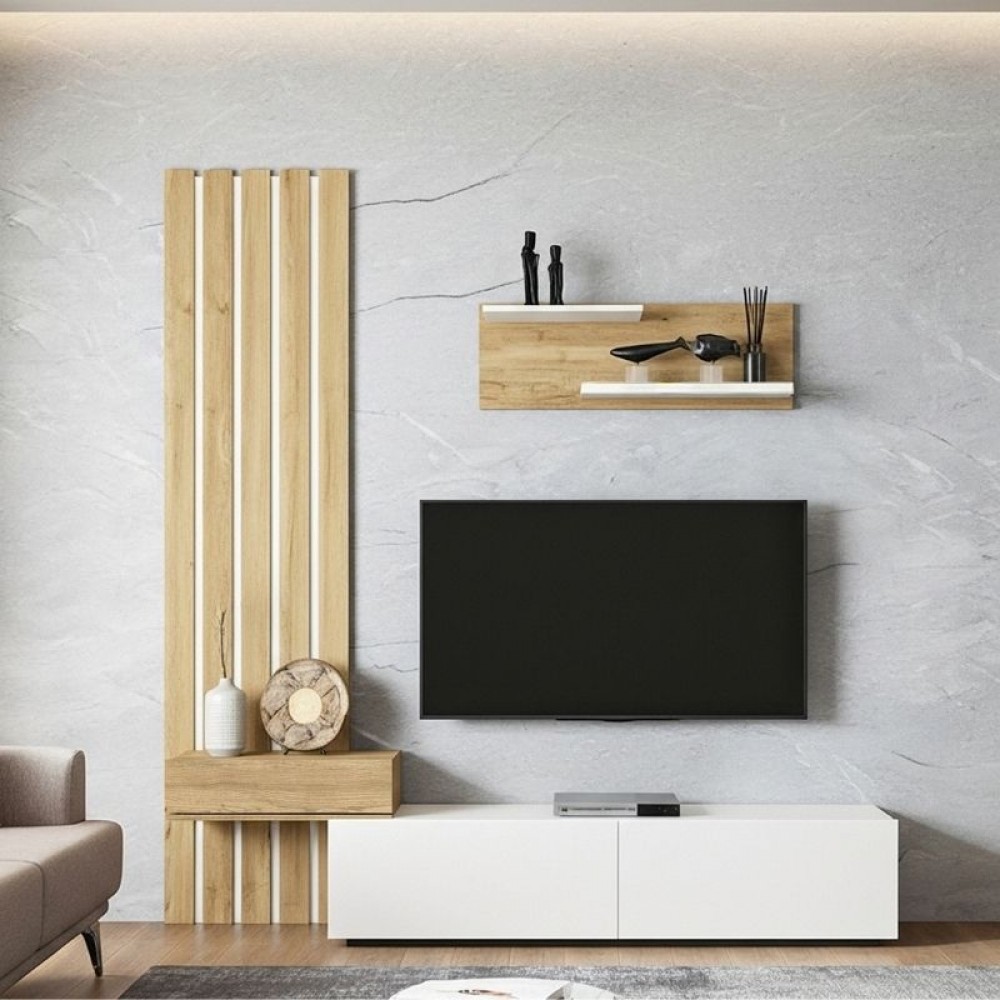 Σύνθεση τηλεόρασης Rosaline Megapap χρώμα λευκό - sepet oak 183x31,3x196,9εκ.